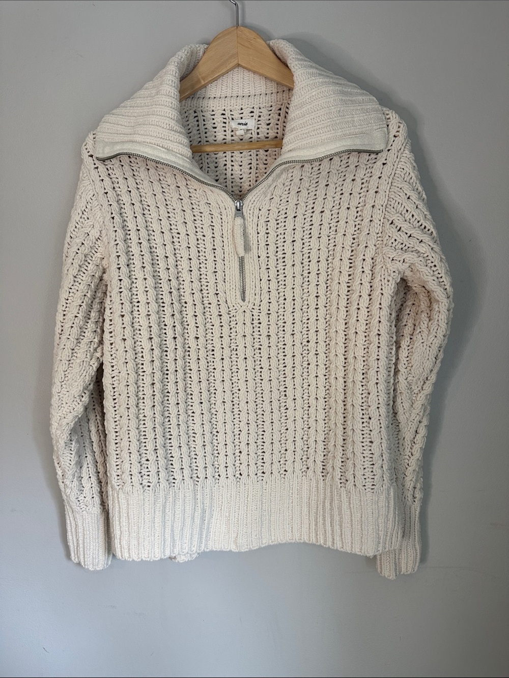 Aerie Oversized Collared Cream Sweater With Quarter Zip, Size XXS